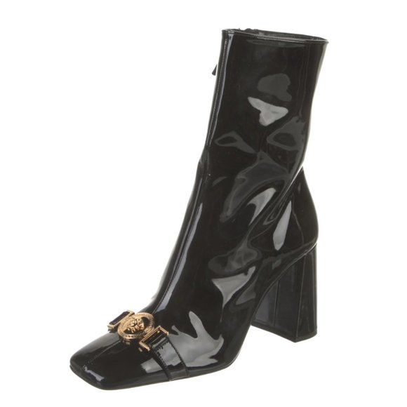 Versace Medusa Insignia Ankle Boots Square Toes Black Patent Leather Sz 38 - Picture 1 of 9